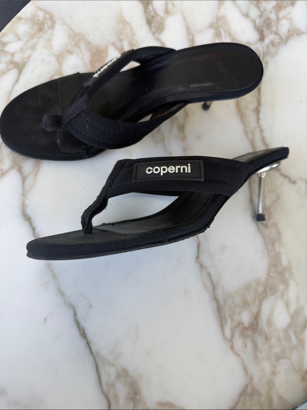 Coperni Black Thong Heel Sandals with Silver Stiletto